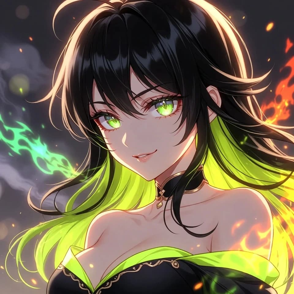 Portrait of Nelly, black-and-lime hair, green magic on the left and red fire on the right